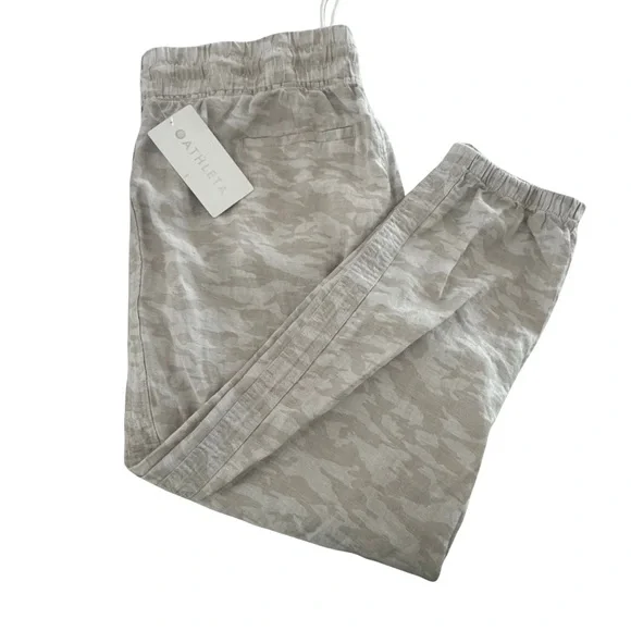Athleta Cabo Tide Linen Jogger Sz 18 Neutral Camo Beige Mid Rise Zip Pocket NWT - Picture 8 of 13